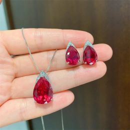 Sets Trend Wedding Jewelry Sets for Women Synthetic Ruby Gemstone High Carbon Diamonds Pendant Necklace Earrings Female Gifts