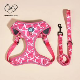 Sets Print Breathable Dog Harness Leash Set Pink Soft Pet Chest Strap Small Medium Large Dogs Reflective Outdoor Travel Pet Supplies