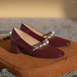 Dress Shoes Burgundy Square Toe Ballet Low Heel Pearls Pumps Top Flat Patent Leather Small Women Red