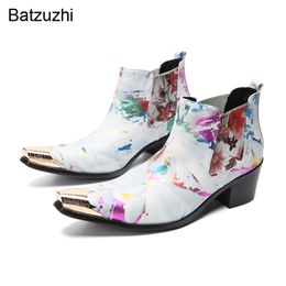 Batzuzhi 2024 Designer's Boots 6.5cm Heels High Genuine Leather Ankle Boots Man Fashion White Business, Party, Wedding Footwear, Big Sizes