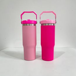 large capacity wholesale bulk double walled stainless steel powder coated pink 30oz flip straw tumbler coffee mugs cups with handle for engraved,sold by case