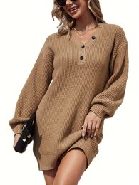 세련된 V- 넥 니트 스웨터 드레스 랜턴 슬리브와 여성용 버튼 - 롱 라인 단색