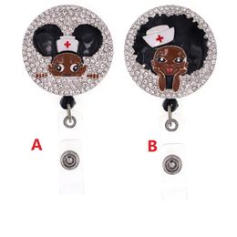 Newest Style Key Rings Black Girl Rhinestone Retractable ID Holder for nurse name accessories badge reel with alligator clip257B