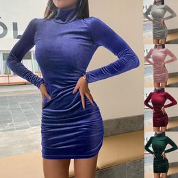 Women's High Neck Velvet Dress Spring and Autumn and Winter New Long Sleeve Slim Dress Casual Dresses Sexy Fashion Hip Dress Winter Dresses Plus Size Skirt Size S-3XL