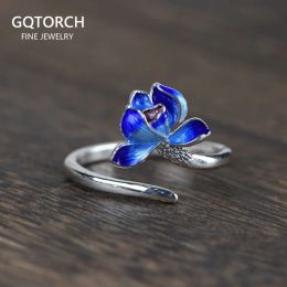 Rings Real 925 Sterling Silver Lotus Open Rings for Women Enameling Flower Finger Ring Resizable Fine Jewelry