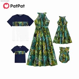 Family Matching Outfits Pa Family Matching Outfits 95% Cotton Allover Tropical Plant Print Halter Midi Dresses Short-sleeve Colorblock Tee Sets