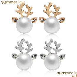 Stud High Quality Reindeer Pearl Christmas Earrings For Kids Women Rhinestone Inlay Lovely Stud Jewellery Gift Drop Delivery J Dhgarden Dh195