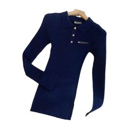 Miumius Designer Knitwear Luxury Fashion For Women Knits Tees Early Autumn Navy Ribbed Knitted POLO Standing Neck Long Sleeve Underlay Shirt Slim Fit Slim Grade