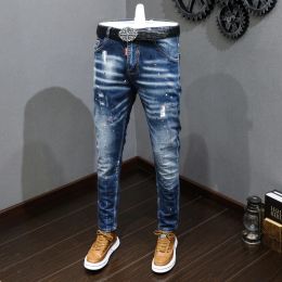 Fashion Designer Men Jeans Retro Blue Stretch Slim Fit Painted Ripped Jeans Men Korean Style Vintage Casual Denim Pants