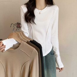 Knitted shoulder long sleeved undershirt for womens early spring new design slim fit spicy girl fishbone lining t-shirt short top