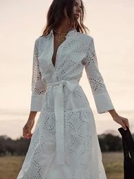 Casual Dresses Fitshinling Hollow Out Lace Shirt Midi Dress Women Clothing With Belt Bohemian Holiday Fashion Vestidos Femme Pareo