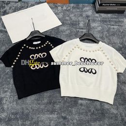 Short Sleeved Knitwear Pearl Embellished Knitted T Shirt Crew Neck Stretch Sweater Designer T Shirt Clothes Knitwear Tops