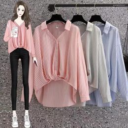 Women's Blouses Striped Shirt Female Large Size Spring And Fall Korean Fashion Splicing Irregular Niche Elegant Loose Casual Bat