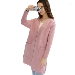 Women's Knits Korean Loose Long Sweater Women Knitted Jacket Coat Fashion 4 Colour Jumper Ladies V-Neck Sleeve Knit Cardigan Tops Female