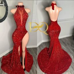 Sexy Red Sequines Mermaid Prom For Black Girls Glitter Backless Halter Evening African Birthday Formal Party Dress