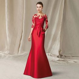 Three Quarter Red Mother of Bride Dress for Women 2024 New Mermaid High Quality Scoop Satin Wedding Party Gowns Robe De Soiree Femme