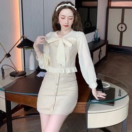 Work Dresses Fashion Korean Women Sweet Bow Single Breasted Long Sleeve Ruffle Short Tops Shirt Blouse Package Hips Skirt Female 2 Pieces