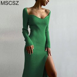 Casual Dresses Square Collar Ribbed Knitted Dress Women Autumn Winter Long Sleeve Bodycon Midi Elegant And Pretty Women's