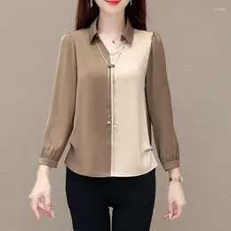 Women's Blouses Fashion Vintage Contrast Women Shirts French Spring Summer Office Lady Long Sleeve Slim Versatile Cardigan Casual
