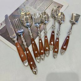 Dinnerware Sets Stainless Steel Forks Spoons Tableware Kitchen Flatware Retro Imitation Wooden Handle Cutlery Party Tools