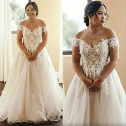 2024 Gorgeous Wedding Dresses Bridal Gown Off the Shoulder Lace Applique Straps Ruched Pleats Sweep Train A Line Beach Country Custom Made Plus Size vestido de novia