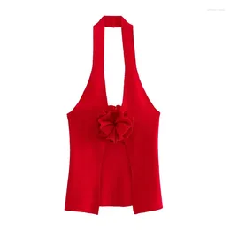 Women's Tanks 2024 Summer Halter Neck Top Sleeveless Opening Design Flower Decoration Sexy Backless Street Versatile Red Vest
