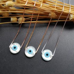 Necklaces promotion! 10mm 925 Sterling Silver Round Pearl Shell Necklace Adjustable Round Blue Evil Eye MOP Shell Pendant for Gift