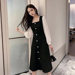 Casual Dresses Women Long-sleeve Midi Dress Elegant Square Neck Long Sleeve With Mesh Patchwork Button Decor For A-line Loose