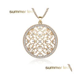 Pendant Necklaces Elegant Big Round Crystal Pendant Necklace Sier/Gold Color Hollow Out Long Chain Statement Jewelry For Wom Dhgarden Dhxvr