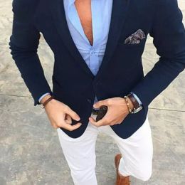 Suits Casual Men Suit Groom Tuxedos Single Breasted Navy Jacket with White Pants Slim Fit Wedding Guest Wear Prom Party Formal Suit