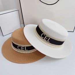 Fashion Designer Womens Straw Hat For Man Fashion Summer Beach Pearl Hat Grass Braid Letter Multi Color Flat Bucket Hats Sunhat