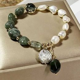 Beaded Natural Pearl Bracelet Green Crystal Original Design Womens Korean Bangles Student Friend Birthday Jewellery Handpiece YQ240226