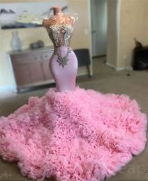 Sparkly Pink O Neck Long Prom Dresses 2024 Black Girls Birthday Party Dresses Beaded Crystal Evening Gowns Ruffles Gown Robe De Bal