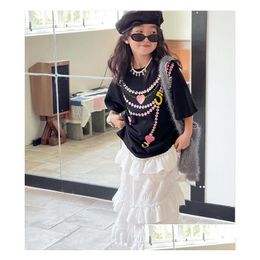 T-Shirts Girls Love Heart Necklace Printed T-Shirt Kids Round Collar Short Sleeve Casual Tops 2024 Spring Children Tiered Fal Cake S Dhs9K