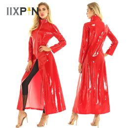 Trench Adult PVC Leather Turtleneck Long Trench Women Wetlook Coat Jacket Sexy Zipper Front Cosplay Costume Mens Dance Party Clubwear