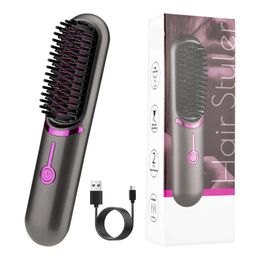 USB Rechargeable Portable Cordless Heated Comb Beard Comb Hair Straightener Brush Multi-function Wireless Straight Hair Comb Curling Iron for Travel Home Use