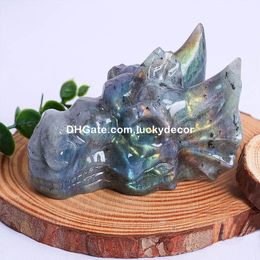 Natural Crystal Dragon Skull Carving Healing Decor Labradorite Dream Amethyst Fluorite Rose Quartz Dream Amethyst Strawberry Quartz Gemstone Animal Head Statue