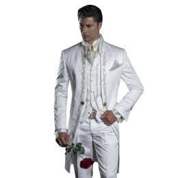Suits 2023 Embroidery Groom Tuxedos Men's Suits White Groomsman One Button Formal Wedding Suit (Jacket+Pants+Vest) Three Pieces Suit