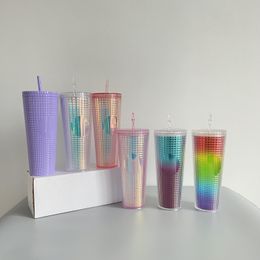 Reusable 24oz studded double wall Crystal plastic Acrylic Waffle grid disco venti cold cups with straw For Iced Coffee, Smoothies multiple colors stocked