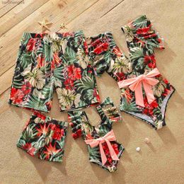 Family Matching Outfits Pa Family Matching Swimsuit Allover Floral Print Swim Trunks Shorts and Ruffle Belted One-Piece Swimsuits Woman 2023