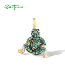 Necklaces Santuzza Pure Sterling Sier Pendant for Women Sparkling Green Black Spinel White Cz Frog Pendant Cute Animal Fine Jewellery