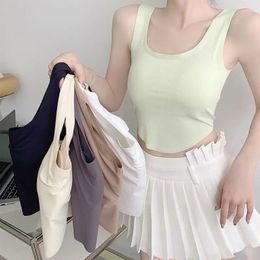 Tanks Women's Ice Silk Crop Tops Women Slim Casual Backless Chic Solid All-Match Inner Korean Style Fashion Summer Soft Tank Top