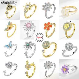 Solitaire Ring SMJEL Fidget Spinner Ring Anxiety for Women Multiple Crystal Flower Eye Butterfly Animal Ring Rotate Anti Stress Wedding Jewerly 240226