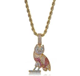 Fashion Owl Pendant Necklace Paved Full Zirconia Colorful Stone Animal Charms Hiphop Jewelry for Men Copper6189810