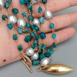 Pendants KKGEM Olive Brushed Gold Color Pendant Natural Apatite Cultured 9x11mm Gray Rice Freshwater Pearl Wrap Necklace 24"