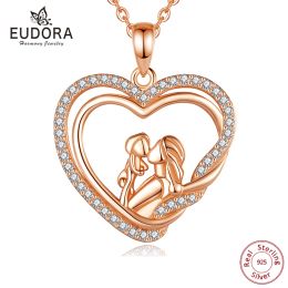 Necklaces Eudora Real Sterling Sier Heart Charm Necklace for Women Baby Mother Child Cz Pendant Fine Jewellery Mother's Gift