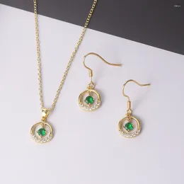 Necklace Earrings Set For Women Retro Hollow Micro-inlaid Green Zircon Rose Gold Colour Bride Jewellry S525