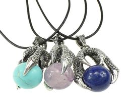 YYW Punk Silvercolor Dragon Claw Natural Real Rose Stone Sea Opal Purple Quartz Stone Leather Cord Choker Pendent Necklaces1385766