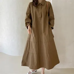 Casual Dresses IHOBBY Women Cute Cotton Dress Spring Loose Turn Down Collar Long Sleeve Ankle Length