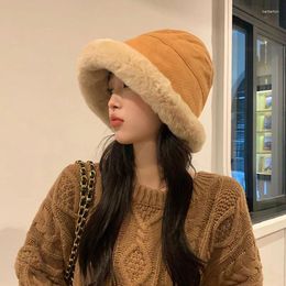 Berets Bucket Hat Thick Warm Fleece Lined Winter Lady Corduroy Cute Flat Top Cap Female Packable Wide Brim Panama